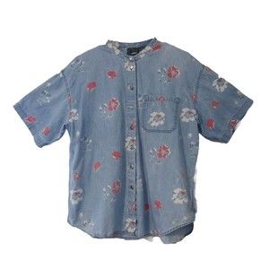 Vintage Floral Button Up Women’s Shirt Denim Bohemian Short Sleeve Size